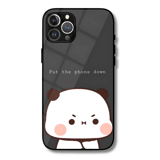 Phone case with a cute panda design and text 'Put the phone down' on a black background
