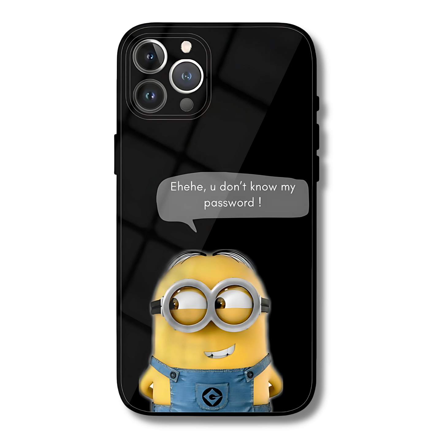 Phone case with a Minion character and humorous text on a black background