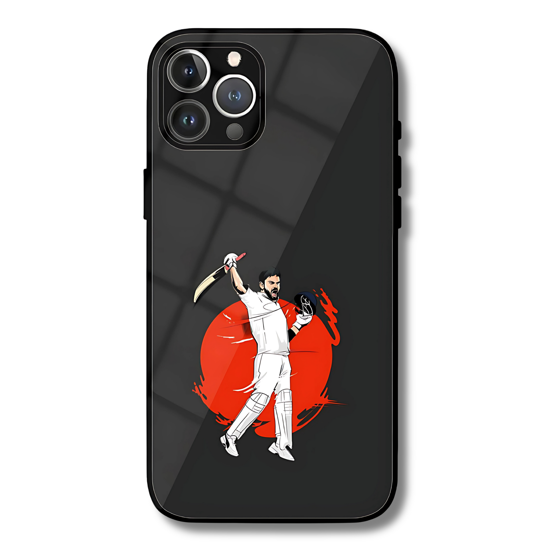 Phone case with a graphic design of king Kohli white attire holding a sword on a black background