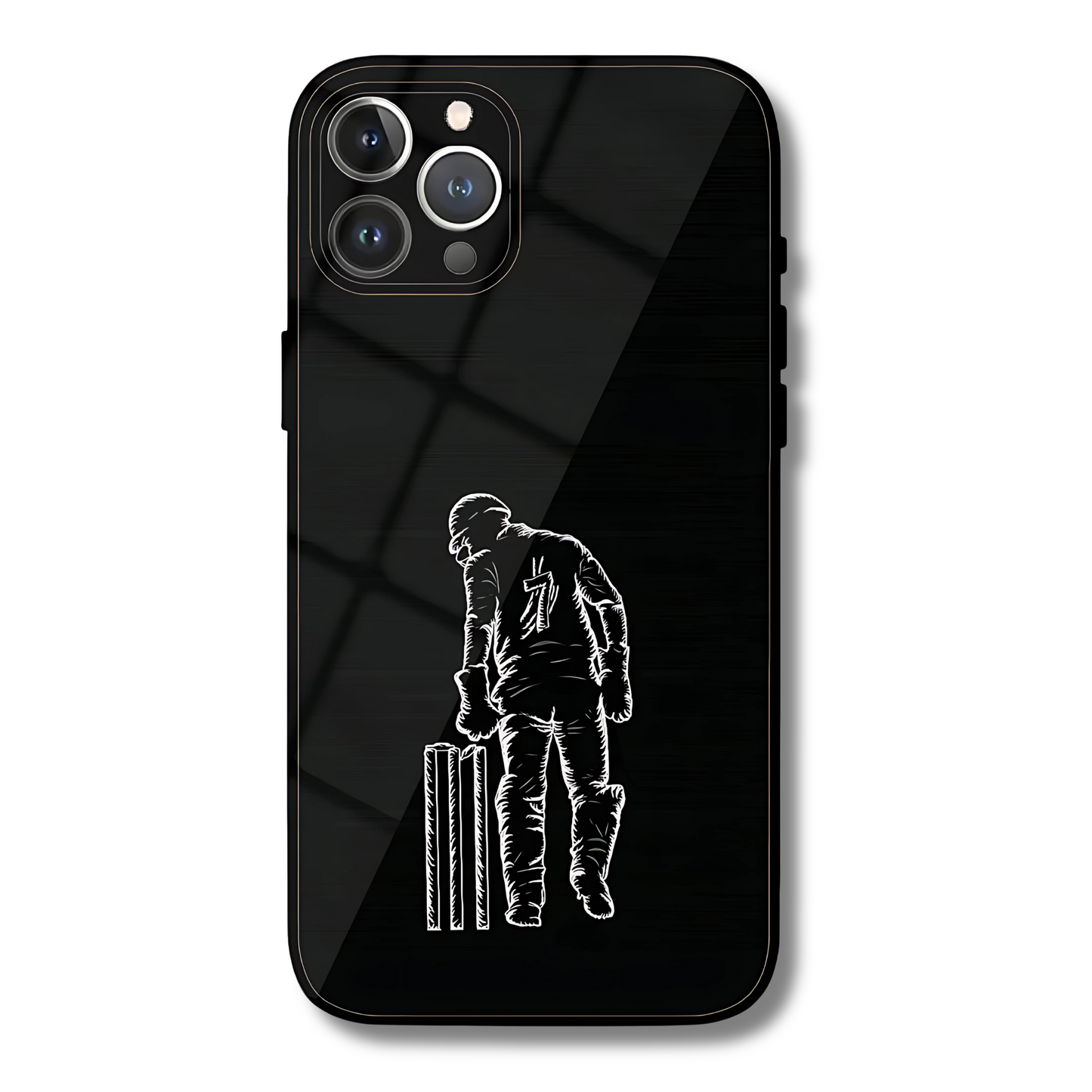 Black phone case with a white silhouette of MS Dhoni and stumps design on a black background