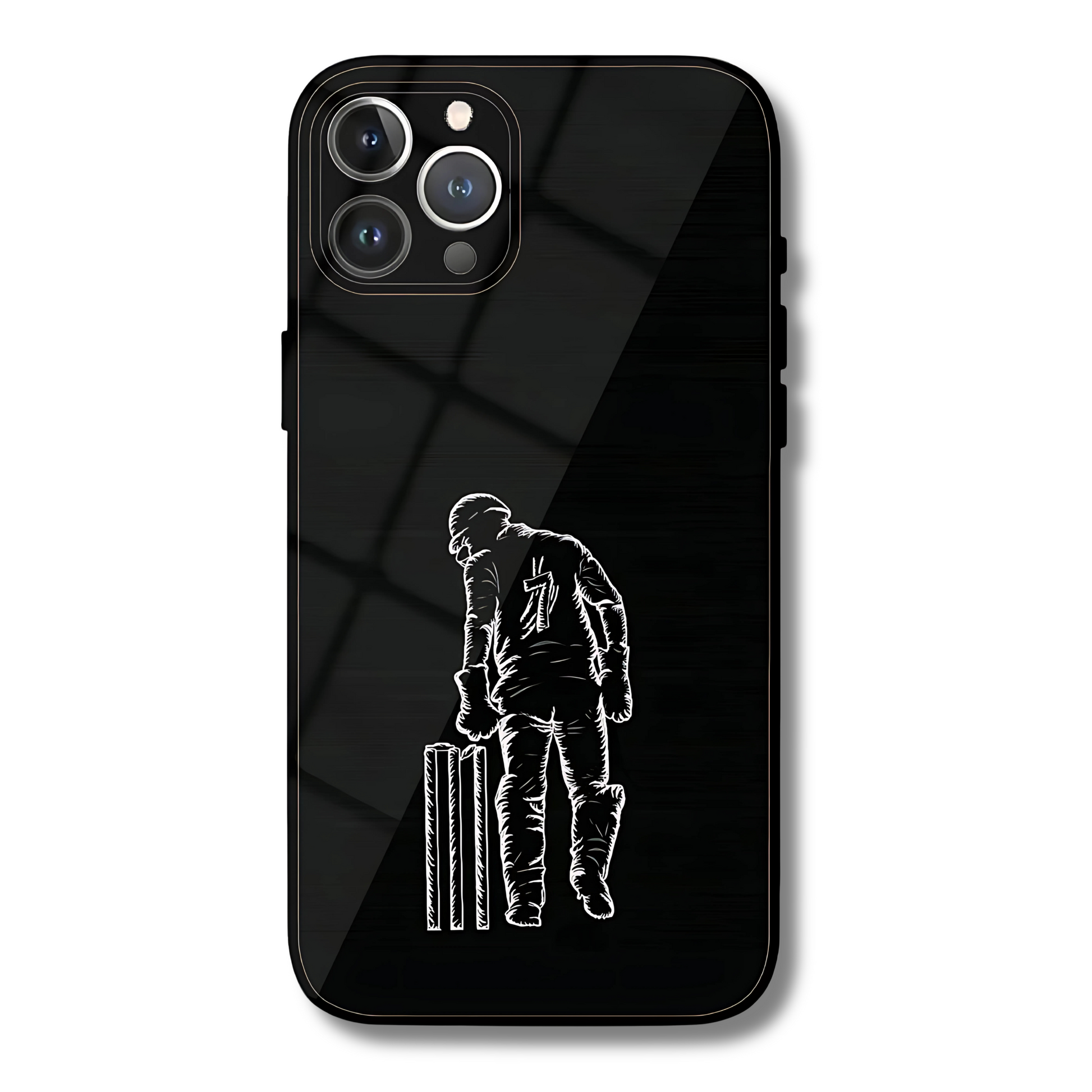 Black phone case with a white silhouette of MS Dhoni and stumps design on a black background