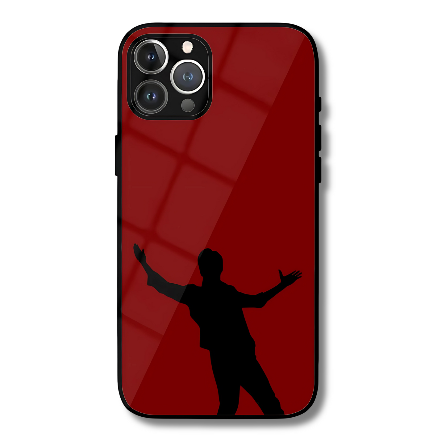 Phone case with a red background and black silhouette of SRK