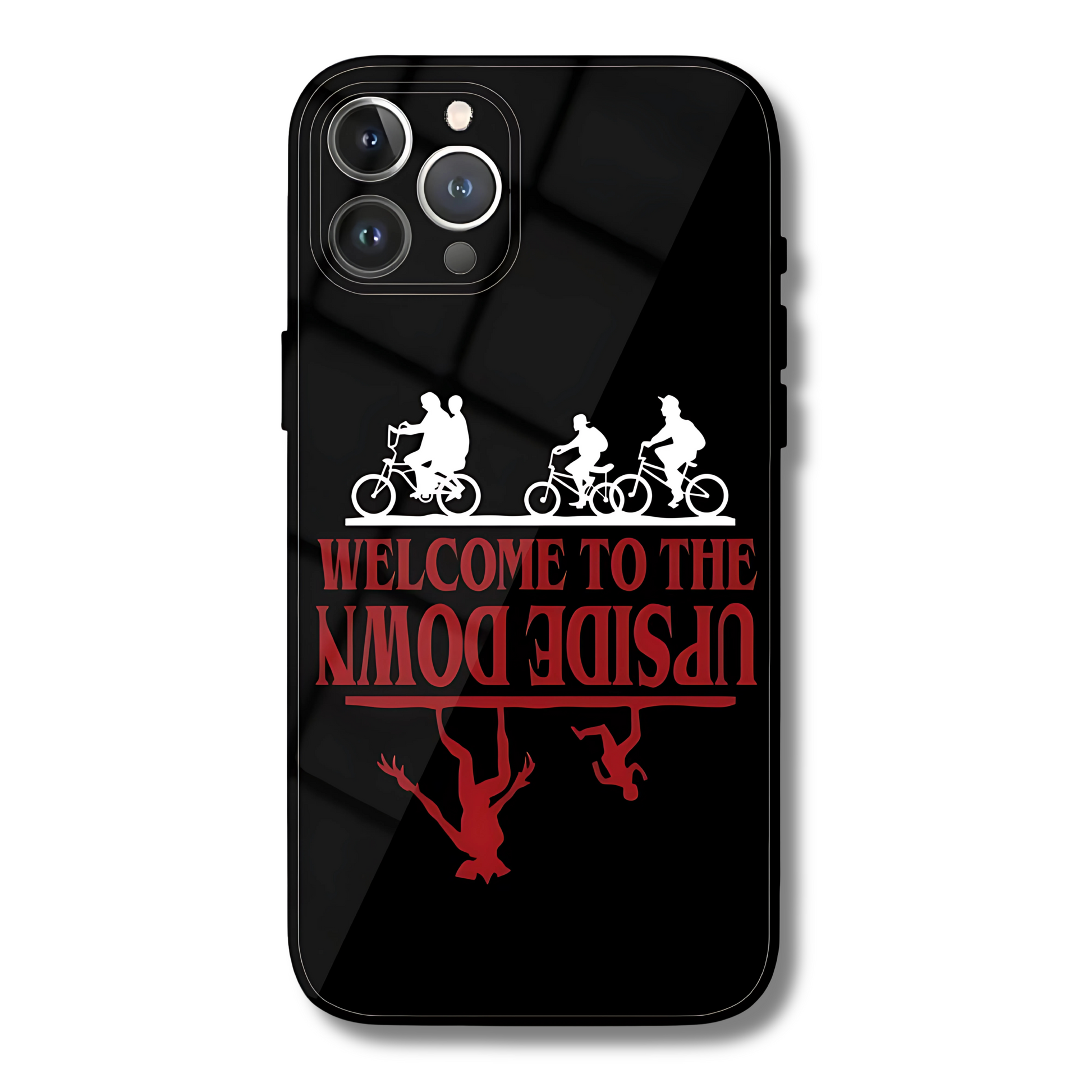 Phone case with bicycle design and text 'Welcome to the Upside Down' on a black background