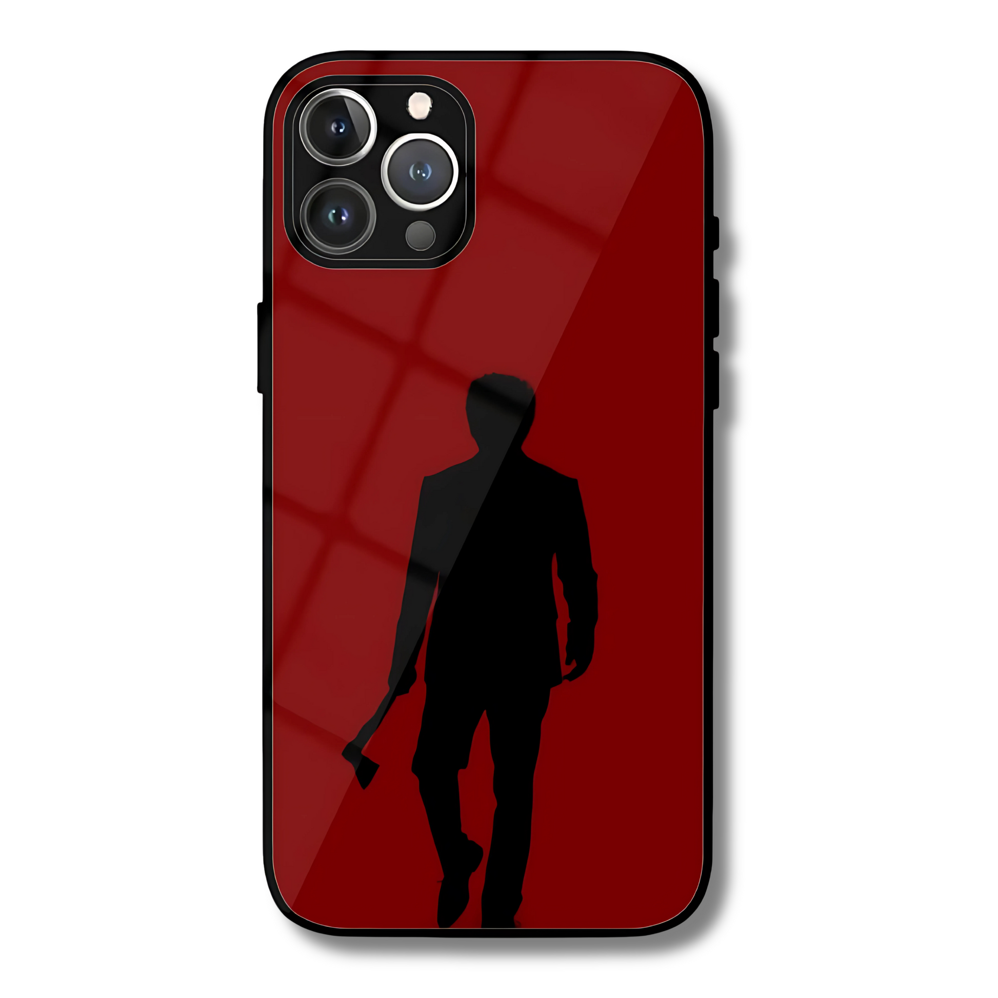 Phone case with a red background and black silhouette of Thalapathy Vijay