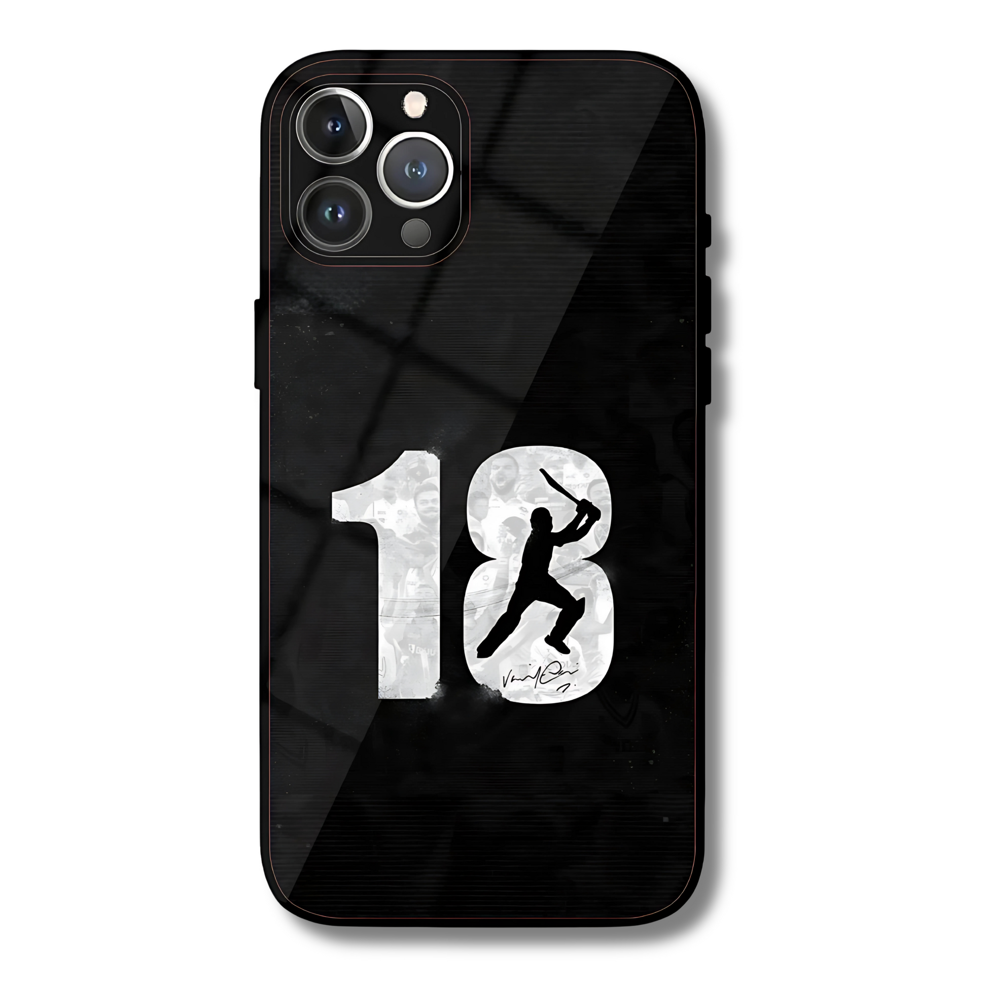 Black phone case with white number '18' and silhouette design on a white background