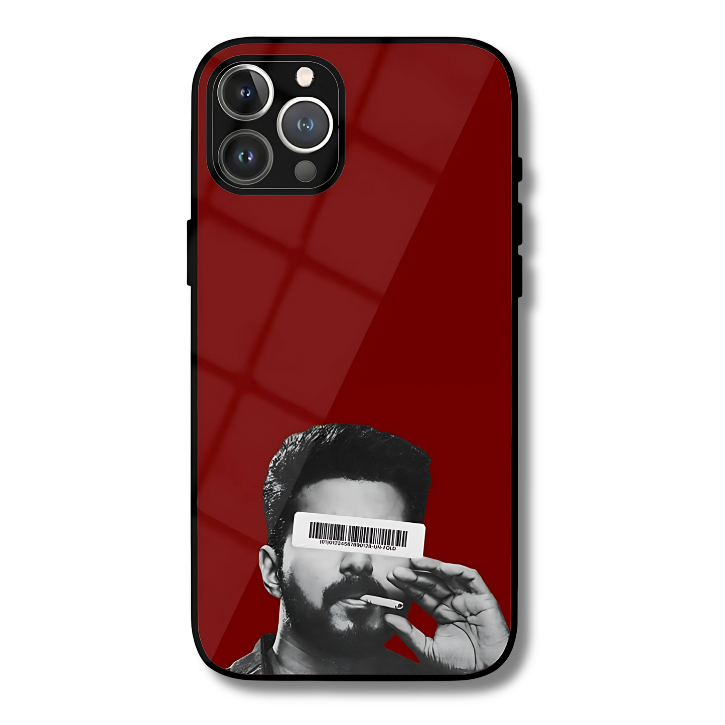 Phone case with a red background and a graphic of Thalapathy Vijay smoking a cigarette.