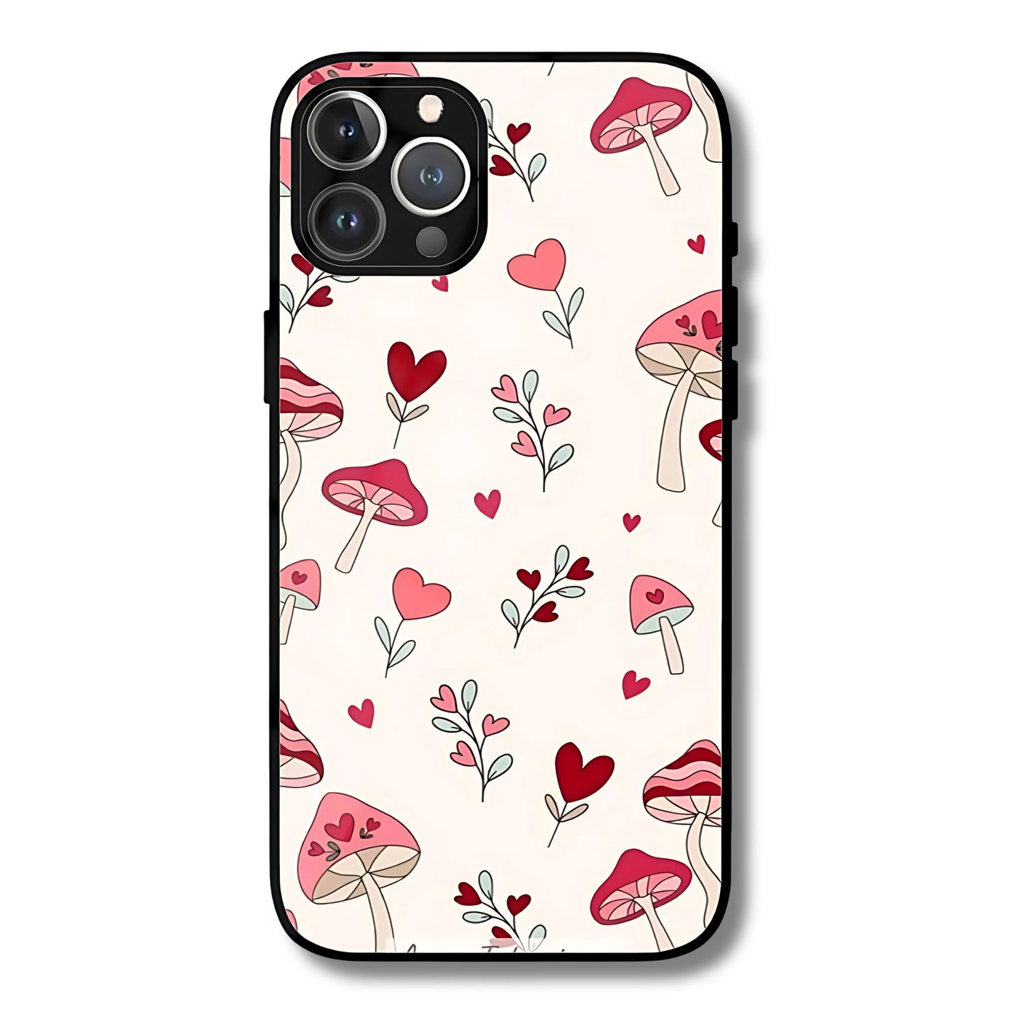 Mushroom & Hearts Charm Metal Glass Phone Cover